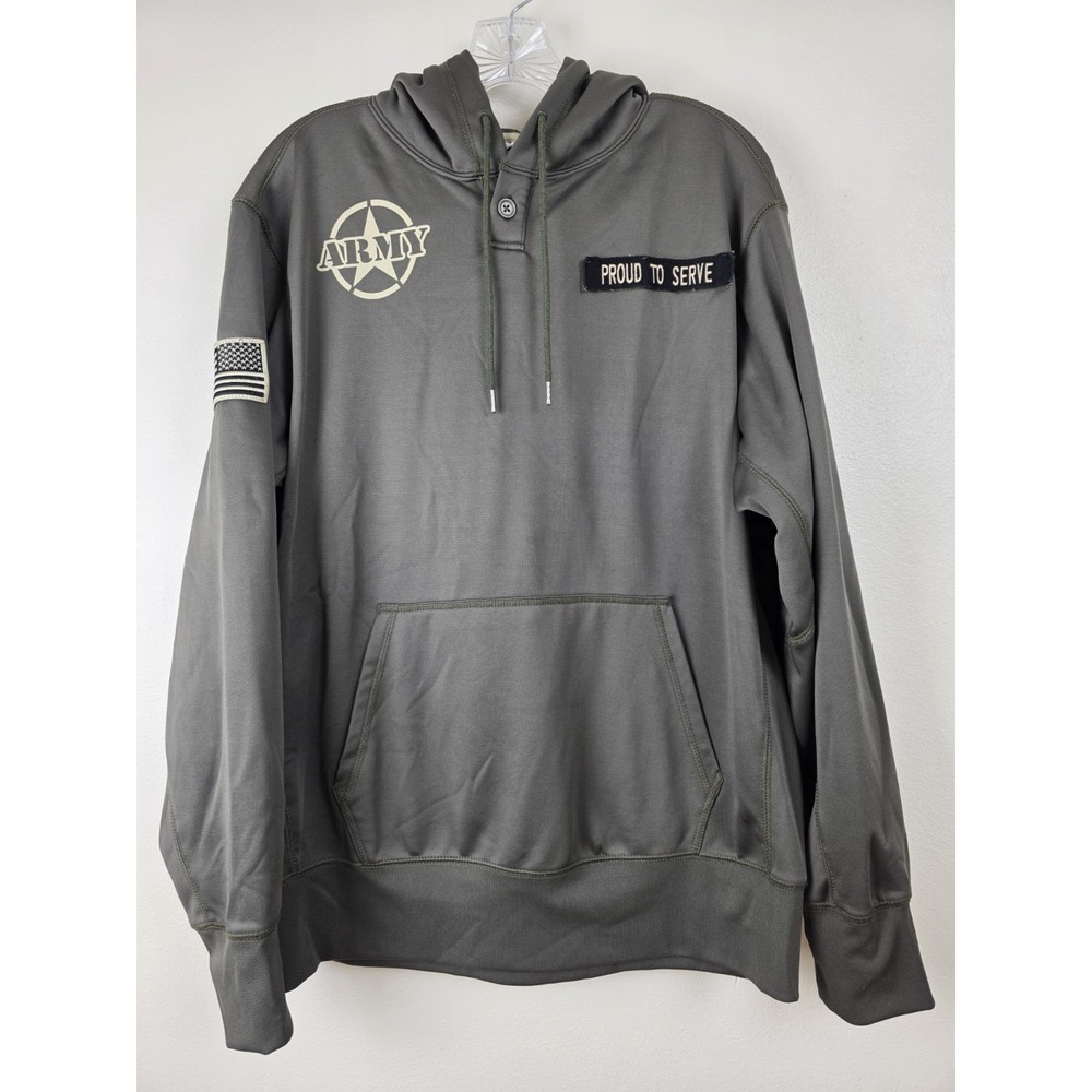 US Army‎ Performance Hoodie Mens LG Proud to Serve Arm Patches Flag Olive Green